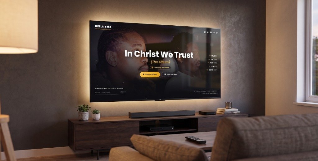 Dells TMX Official Artist Portal In Christ We Trust Mockup on Backlit Living Room Display