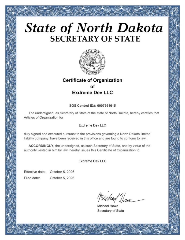 United States Certificate of Organization — Exdreme Dev LLC (Specimen)